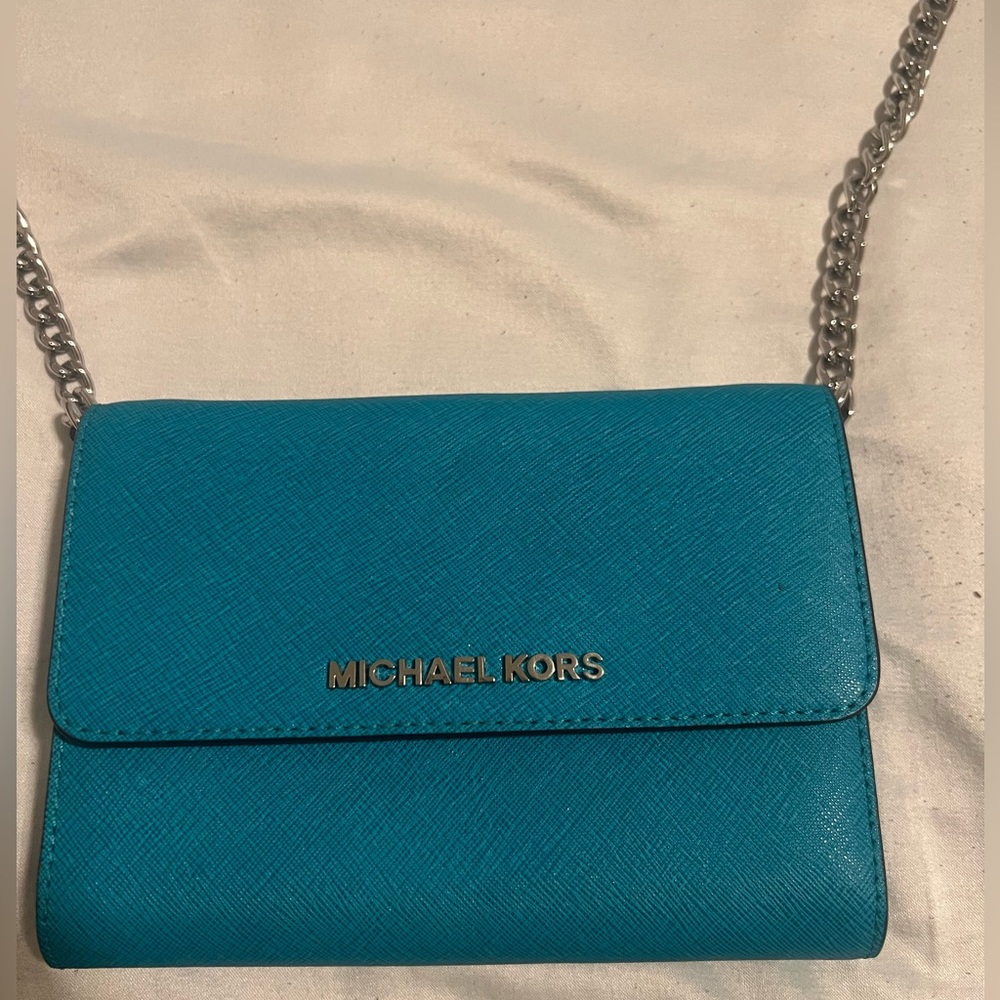 Michael Kors Teal saffiano leather crossbody wallet on a chain purse